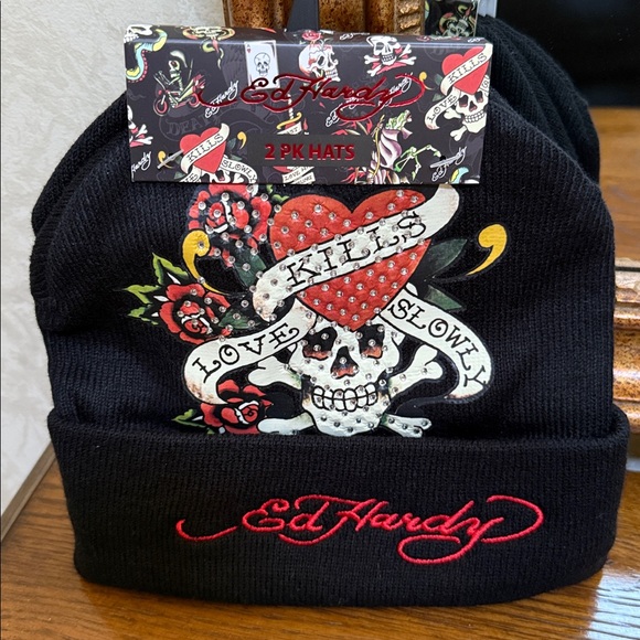 Ed Hardy Black Beanie (2 Pack) Rhinestone Skull/Heart Motif/other Ed Hardy Lion main image 11
